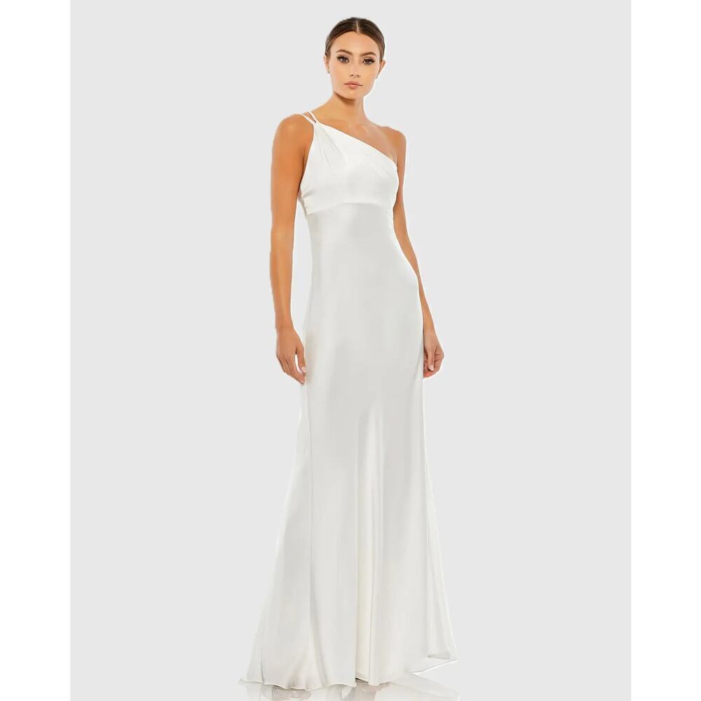 Ieena for Mac Duggal One Shoulder Double Strap Satin Gown White Women Size 0 NWT